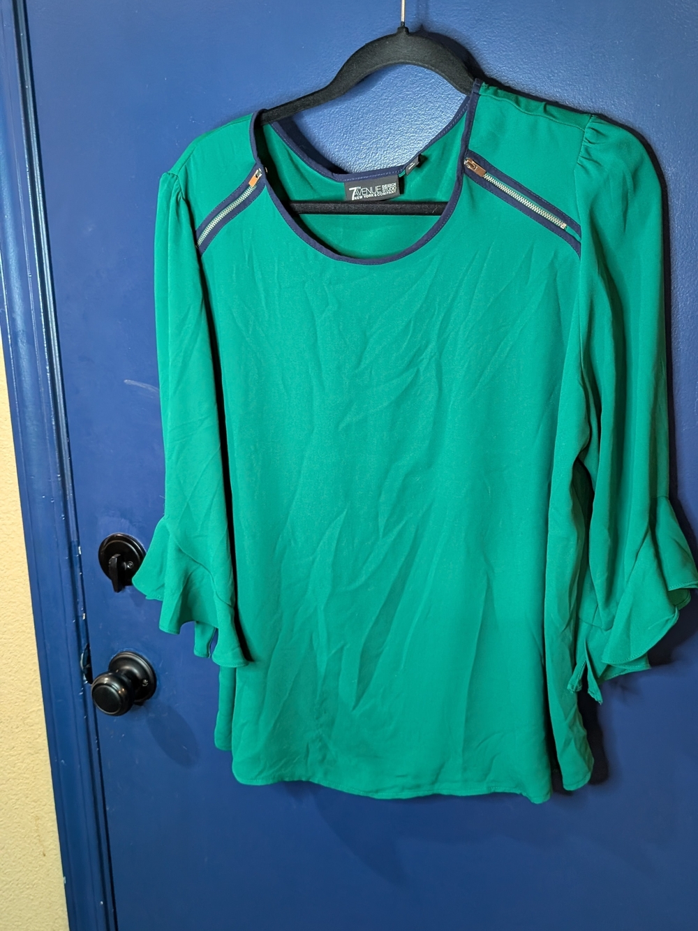 NY&C 7th Avenue Green Blouse XL Ruffle Sleeve Zipper Detail